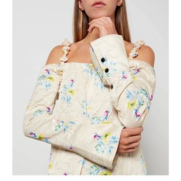 GANNI NWT $295 Crinkled Satin Floral Ruffle Strap Maxi Slit Dress Size 42 L - Picture 2 of 15